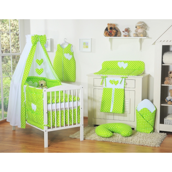 Baby sengesæt i 7 dele med sengehimmel - Hanging Hearts  Grøn Polkaprikker