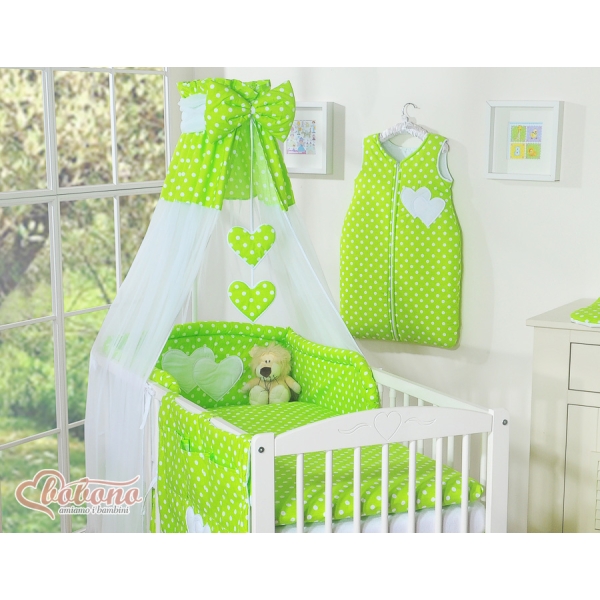 Baby sengesæt i 7 dele med sengehimmel - Hanging Hearts  Grøn Polkaprikker