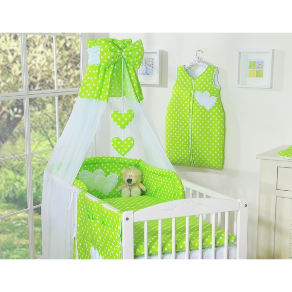Baby sengesæt i 7 dele med sengehimmel - Hanging Hearts  Grøn Polkaprikker