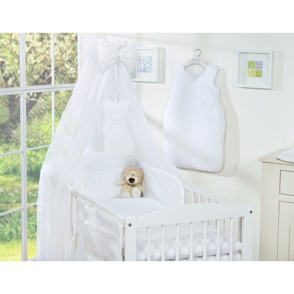 Baby sengesæt i 7 dele med sengehimmel - Hanging Hearts  Hvid