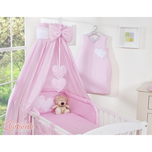Baby sengesæt i 7 dele med sengehimmel - Hanging Hearts  Lyserød Pink Polkaprikker