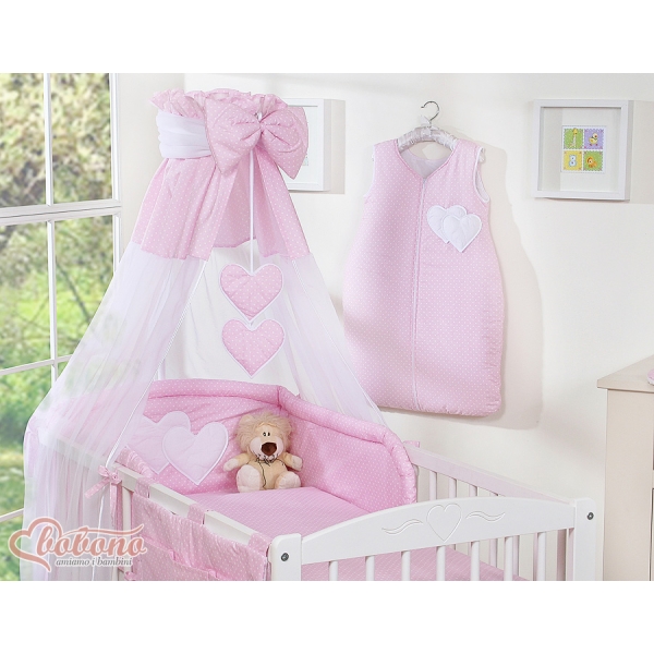Baby sengesæt i 7 dele med sengehimmel - Hanging Hearts  Lyserød Pink Polkaprikker