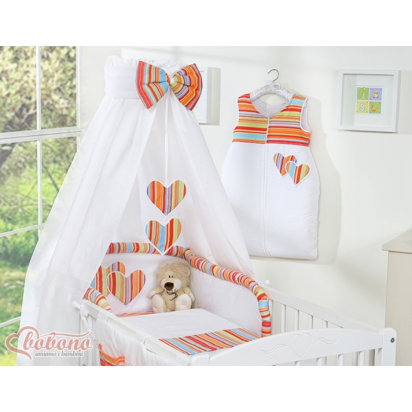 Baby sengesæt i 7 dele med sengehimmel - Hanging Hearts  Orange Striber
