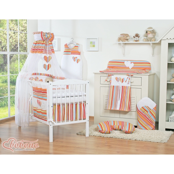 Baby sengesæt i 7 dele med sengehimmel - Hanging Hearts  Orange Striber