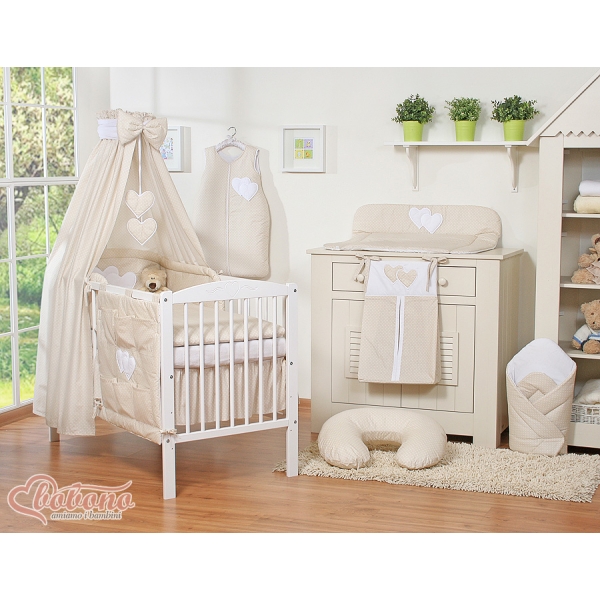 Babysengesæt i 5 dele med sengehimmel - Hanging Hearts  Beige Polkaprikker