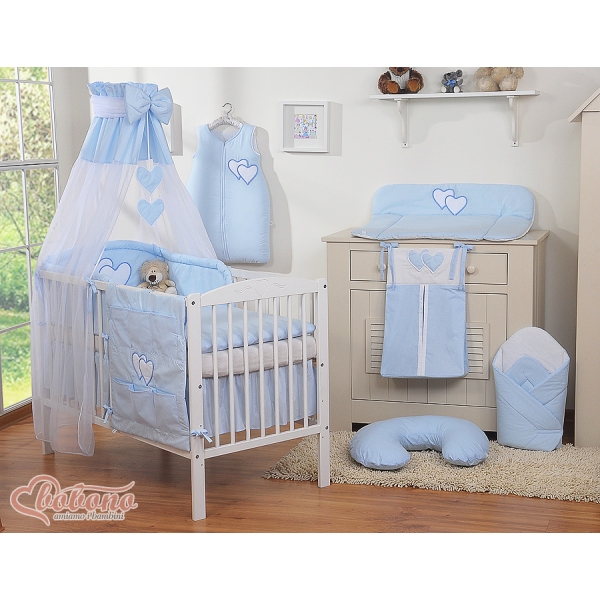 Babysengesæt i 5 dele med sengehimmel - Hanging Hearts  Blå