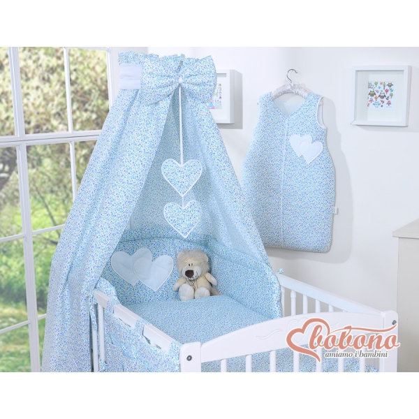 Babysengesæt i 5 dele med sengehimmel - Hanging Hearts  Blå Blomstereng Blomster