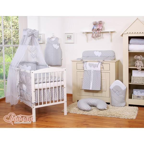 Babysengesæt i 5 dele med sengehimmel - Hanging Hearts  Grå Polkaprikker