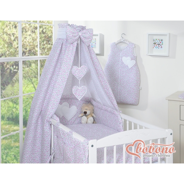 Babysengesæt i 5 dele med sengehimmel - Hanging Hearts  Lyserød Pink Blomstereng Blomster
