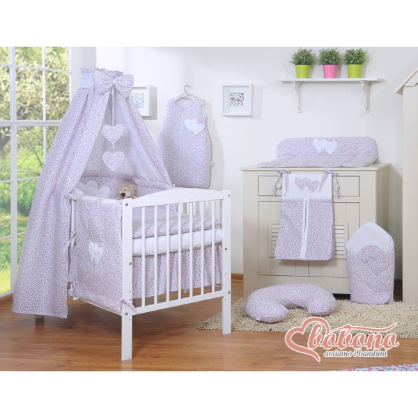 Babysengesæt i 5 dele med sengehimmel - Hanging Hearts  Lyserød Pink Blomstereng Blomster
