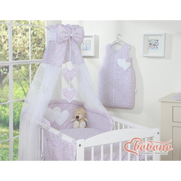 Babysengesæt i 5 dele med sengehimmel - Hanging Hearts  Lyserød Pink Blomstereng Blomster