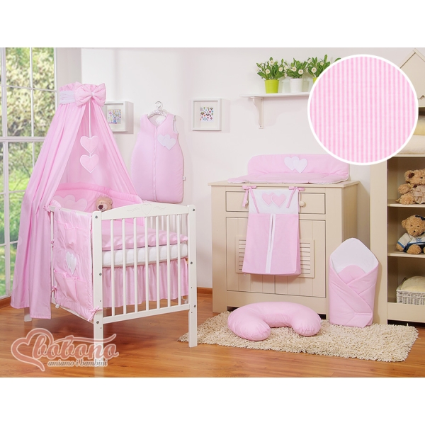 Babysengesæt i 5 dele med sengehimmel - Hanging Hearts  Lyserød Pink Striber