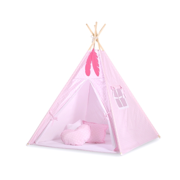 Børne tipi telt dekorative fjer GRATIS!  Lyserød Pink Polkaprikker