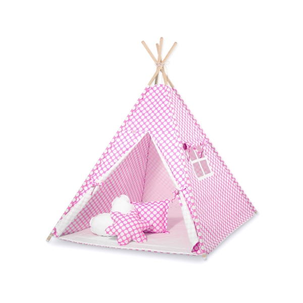 Børne tipi telt dekorative fjer GRATIS!  Lyserød Pink Polkaprikker