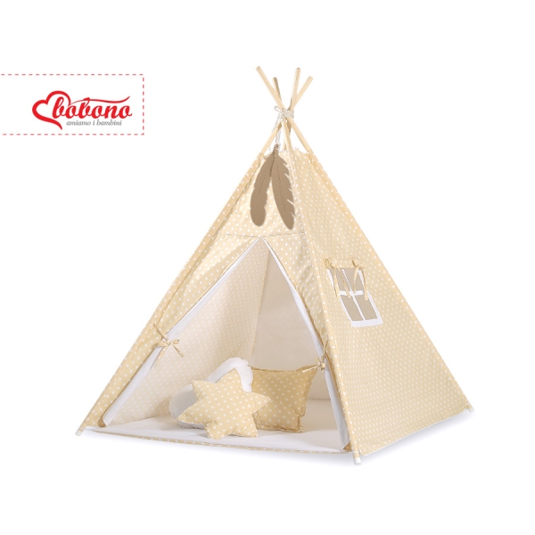 Børne tipi telt  legetæppe dekorative fjer GRATIS!  Beige Polkaprikker