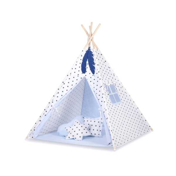 Børne tipi telt  legetæppe dekorative fjer GRATIS!  Blå