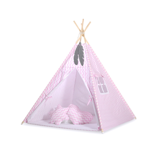 Børne tipi telt  legetæppe dekorative fjer GRATIS!  Lyserød Pink Siksak