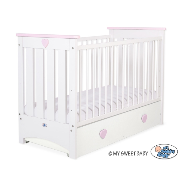 Børneseng 120x60cm med tremmer LORENZO med Sfuffe  MAXI Lyserød Hvid Pink