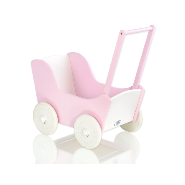 Dukkevogn i træ  Lyserød Hvid Pink