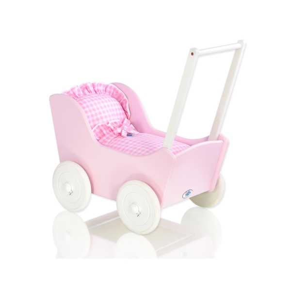 Dukkevogn i træ  Lyserød Hvid Pink