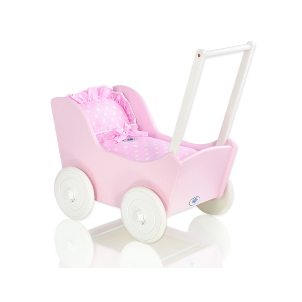 Dukkevogn i træ  Lyserød Hvid Pink