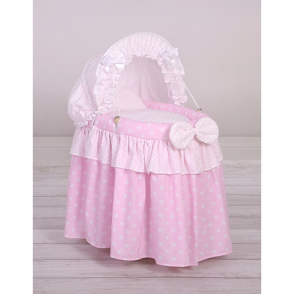 Flettet babykurv for dukker med kaleche  Lyserød Pink Polkaprikker