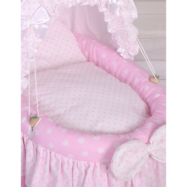 Flettet babykurv for dukker med kaleche  Lyserød Pink Polkaprikker
