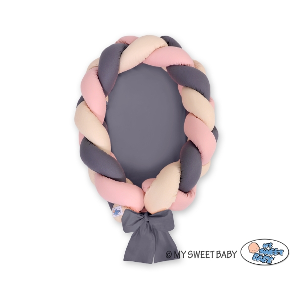 Flettet babyrede knyttet sengerand & madras 2 i 1  Beige Antracit Støvet Pink