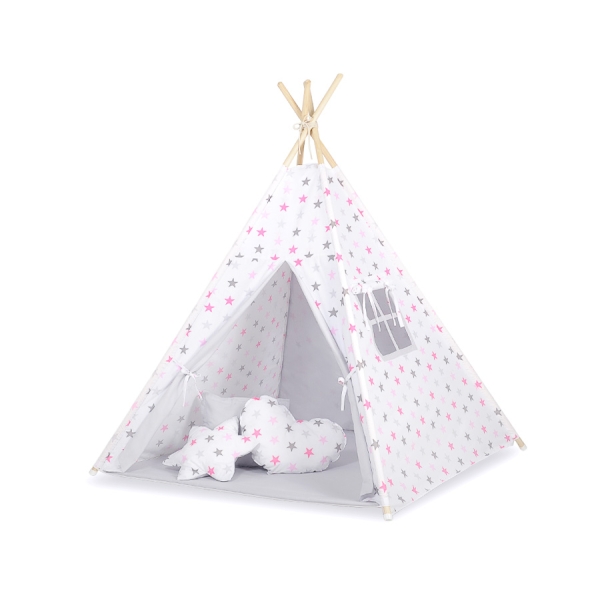 Indianer Tipi Telt til Børn   Lyserød Grå Pink Stjerner