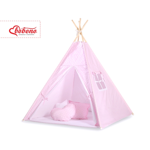 Legesæt med tipi telt, tæppe og puder  Lyserød Pink Polkaprikker