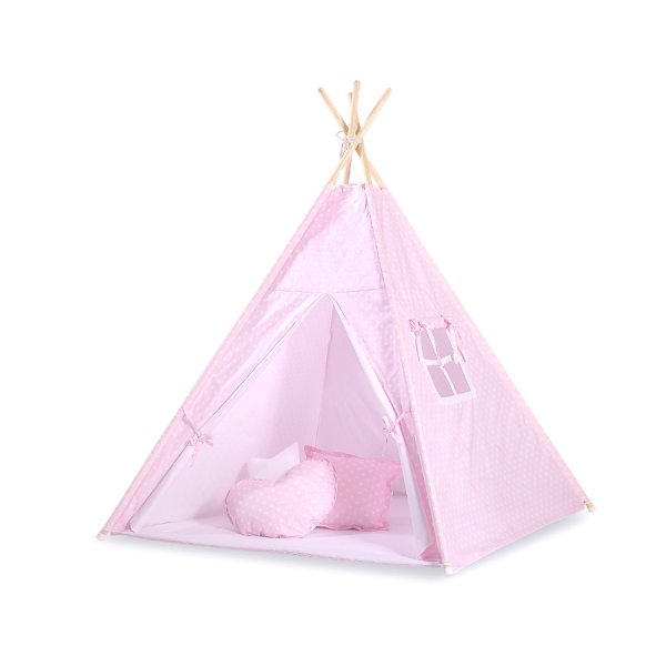 Legesæt med tipi telt, tæppe og puder  Lyserød Pink Polkaprikker