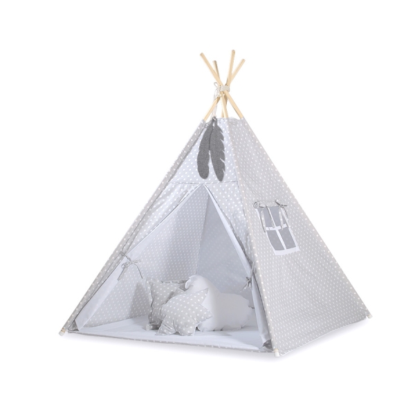 Mega Sæt: Børne tipi telt med legetæppe og puder + dekorative fjer GRATIS!  Grå Polkaprikker