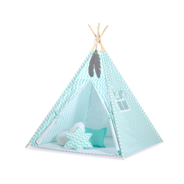 Mega Sæt: Børne tipi telt med legetæppe og puder + dekorative fjer GRATIS!  Mint Siksak