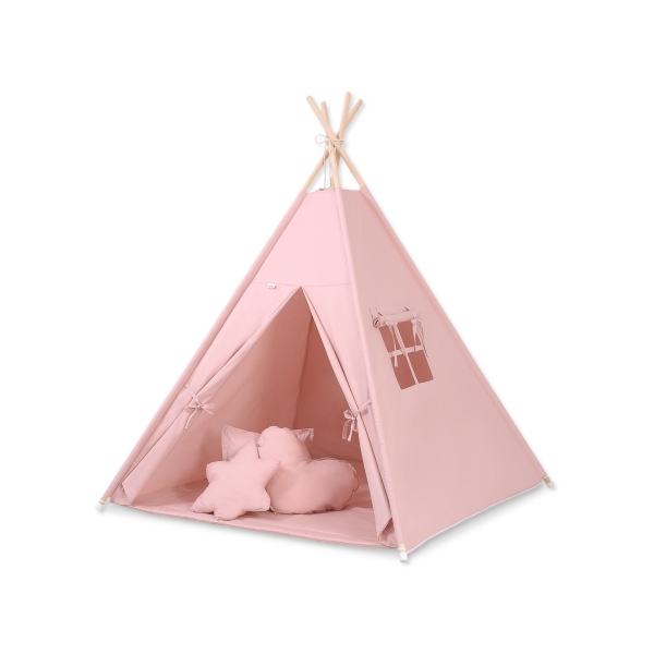 Mega Sæt: Børne tipi telt med legetæppe og puder + dekorative fjer GRATIS!  Støvet Pink