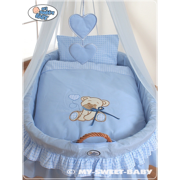 Moseskurv til baby på hjul / Flettet kurv med gardiner - Little Prince/Princess  Blå