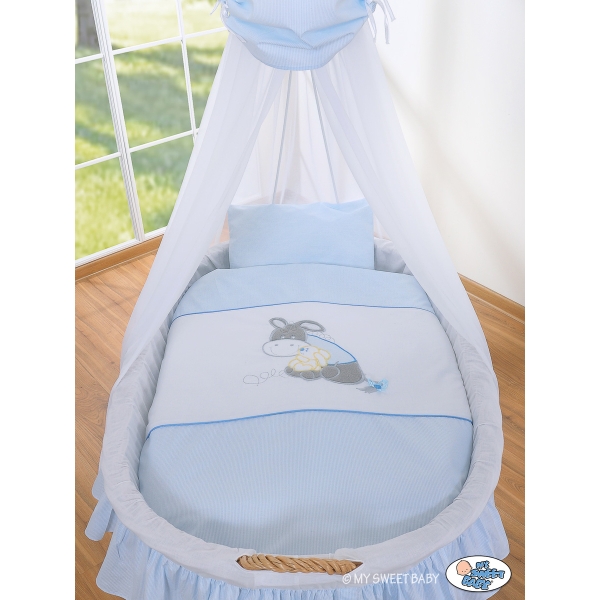 Moseskurv til baby på hjul / Flettet kurv med gardiner - Little Prince/Princess  Blå