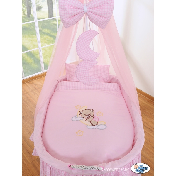 Moseskurv til baby på hjul / Flettet kurv med gardiner - Little Prince/Princess  Lyserød Pink