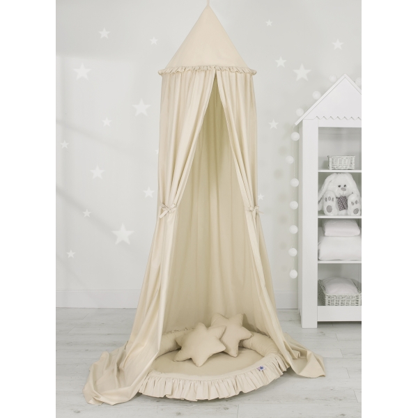 Sæt: Hængende sengehimmel + babyrede med flæser + puder  Beige