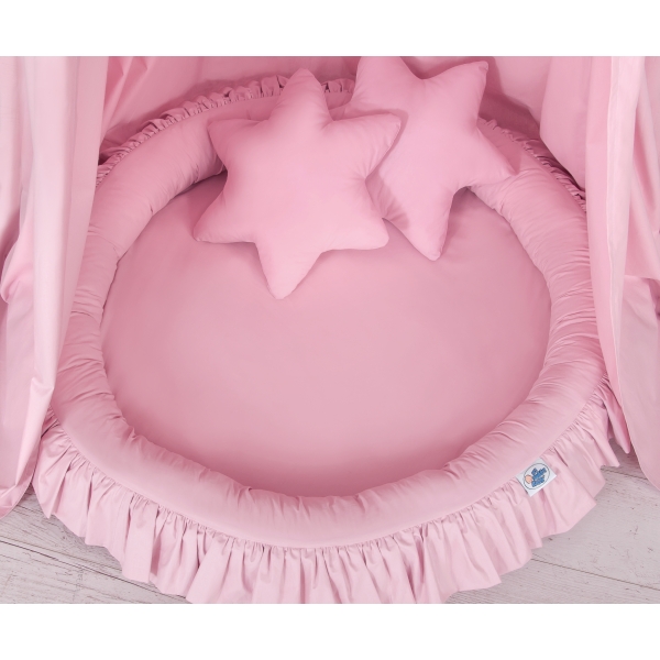 Sæt: Hængende sengehimmel + babyrede med flæser + puder  Lyserød Pink
