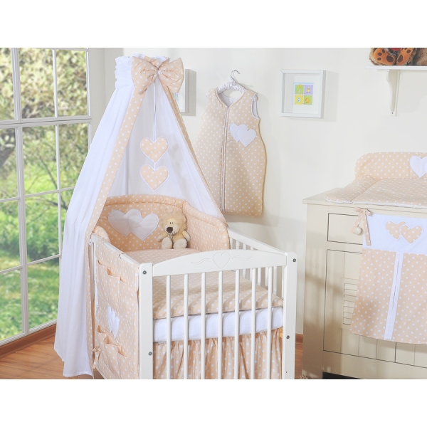 Sæt til babyseng i 7 dele med sengehimmel Hjerter  Beige Polkaprikker