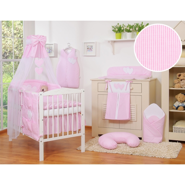 Sæt til babyseng i 7 dele med sengehimmel Hjerter  Lyserød Pink Striber