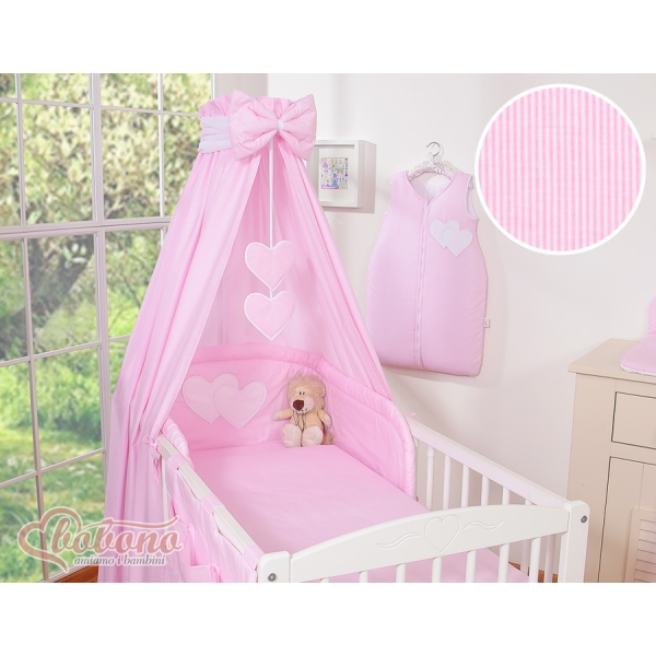 Sæt til babyseng i 7 dele med sengehimmel Hjerter  Lyserød Pink Striber