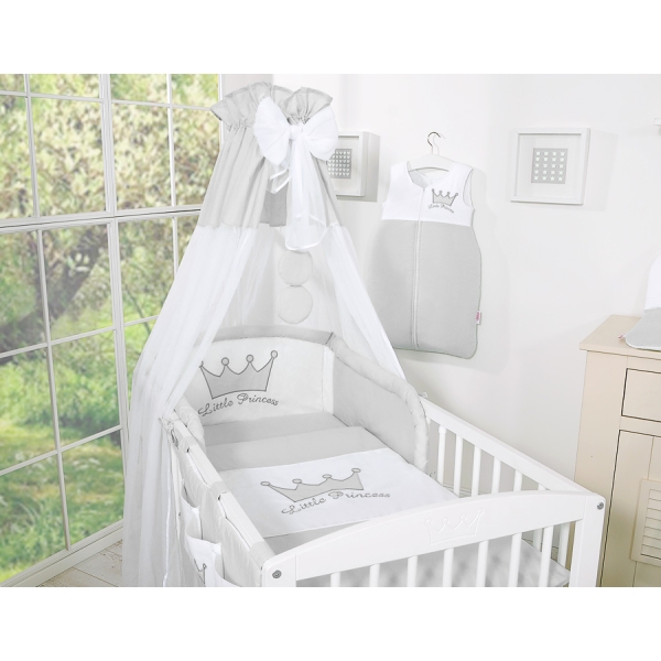 Sæt til babyseng i 7 dele med sengehimmel Little Prince/Princess  Grå