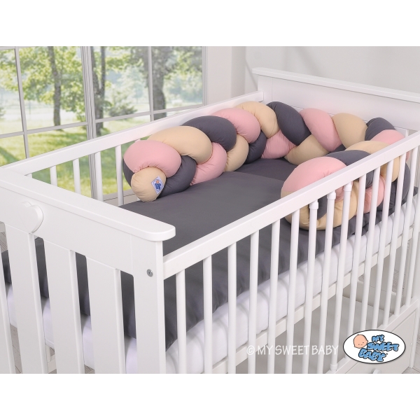 Sengerand flettet til tremmeseng 180cm  Beige Antracit Støvet Pink