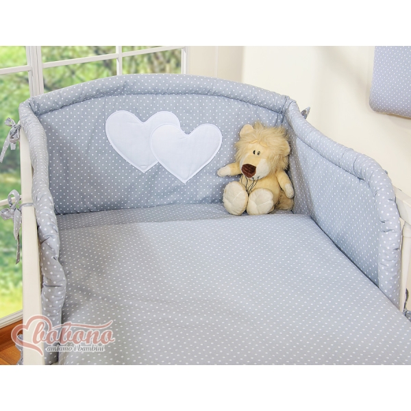 Sengesæt for babyseng 2 dele - Hanging Hearts  Grå Polkaprikker