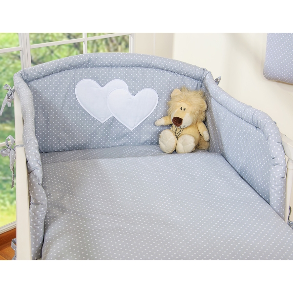 Sengesæt for babyseng 2 dele - Hanging Hearts  Grå Polkaprikker