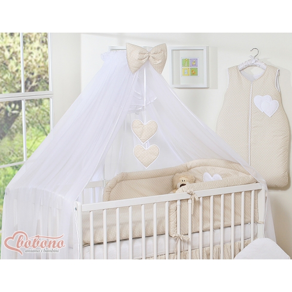 Sengesæt i 11 dele med myggenet-stativ - Hanging Hearts  Beige Polkaprikker