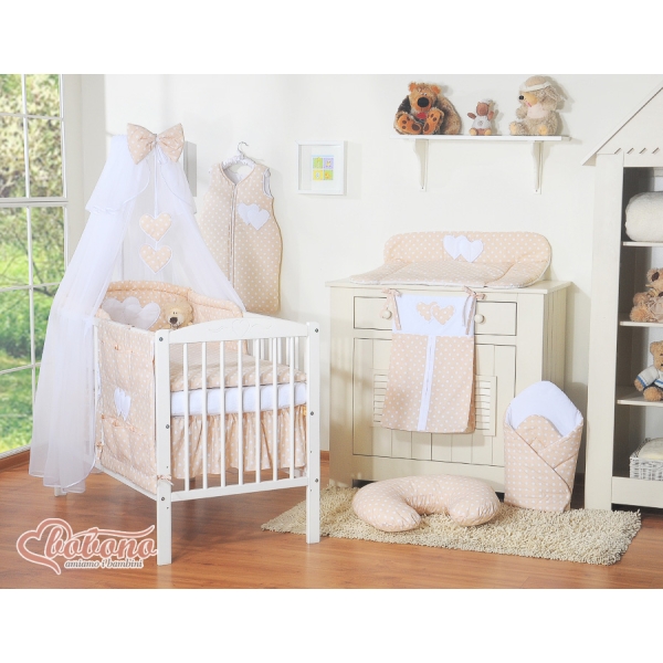 Sengesæt i 11 dele med myggenet-stativ - Hanging Hearts  Beige Polkaprikker