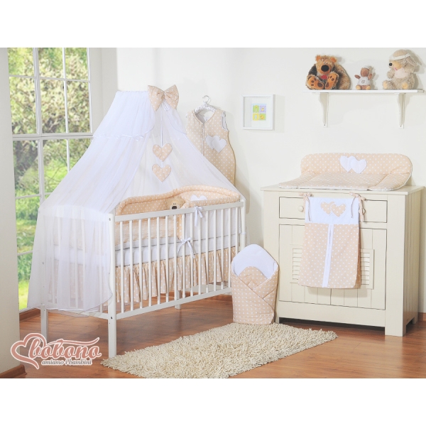 Sengesæt i 11 dele med myggenet-stativ - Hanging Hearts  Beige Polkaprikker