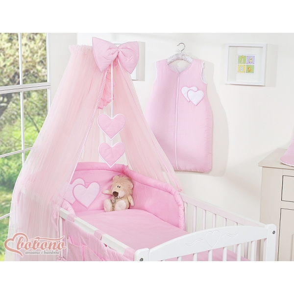 Sengesæt i 11 dele med myggenet-stativ - Hanging Hearts  Lyserød Pink